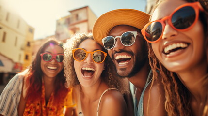A smiling group of friends in the city wearing sunglasses taking selfies.