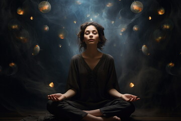 Woman meditating, thoughts floating around her, past memories floating around