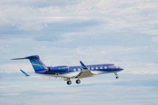 Jet Gulfstream G650 of Azerbaijan Airlines AZAL with tail number 4K-A188 comes in for landing at Vnukovo airport. Business aviation. Moscow, Russia - July 2, 2017