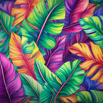 Tropical Dreams in Retrowave: Abstract Leaves Pattern in Vibrant Colors, Generative AI