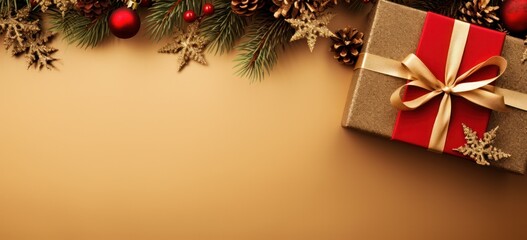 Festive Christmas gift arrangement on golden background with red ribbon. Concept of holiday cheer.