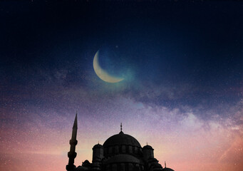 cami silüeti,ay,gökyüzü,yıldızlar,islamik gece,özel gün . Translation : mosque silhouette,moon,sky,stars,islamic night,special day