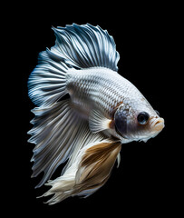 Fototapeta premium White Siamese fighting fish, Betta Splendens isolated on black background, generated by AI.