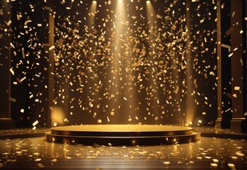Golden confetti rain on festive stage with light beam in the middle, empty room at night mockup with copy space for award ceremony