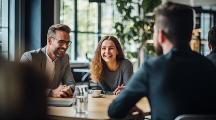 casual business conversation concept group of multiethnic teamwork collegues positive discuss conversation with happiness clam and joyful together in office or cafe coffeeshop background, ai generate - obrazy, fototapety, plakaty