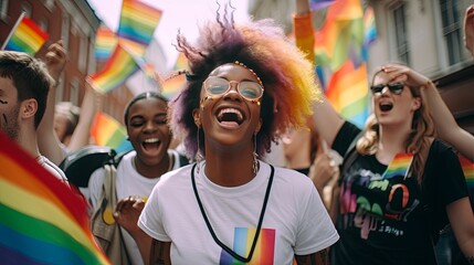 Obraz na płótnie Canvas Happy man and woman with hands raised holding rainbow flags while enjoying in gay pride parade Capturing the Beauty of Nature with Radiant Smiles,ai generate