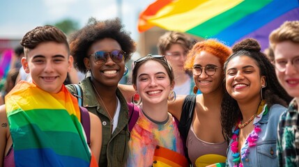 Happy man and woman with hands raised holding rainbow flags while enjoying in gay pride parade Capturing the Beauty of Nature with Radiant Smiles,ai generate - obrazy, fototapety, plakaty
