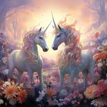 An illustration depicting love through a pair of whimsical unicorns.