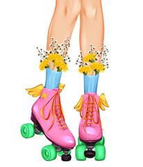 Girl legs in pink rollers with bouquet of flowers. Fashion illustration