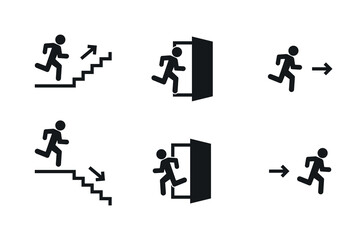 Emergency exit with direction arrow vector icon set. Running man to the stairs and fire exit door. Running way direction sign.