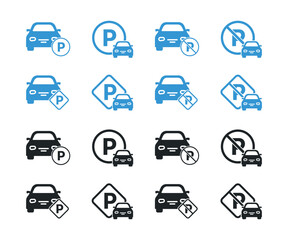 Parking zone and not parking sign vector icon set. Blue parking lot sign. Free parking. Road sign.