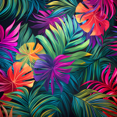Fototapeta na wymiar Tropical Dreams in Retrowave: Abstract Leaves Pattern in Vibrant Colors, Generative AI