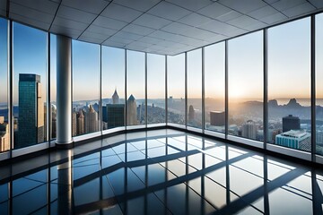 A modern office building made primarily of glass, with large floor-to-ceiling windows that offer a breathtaking panoramic view of the surrounding city skyline or natural landscape