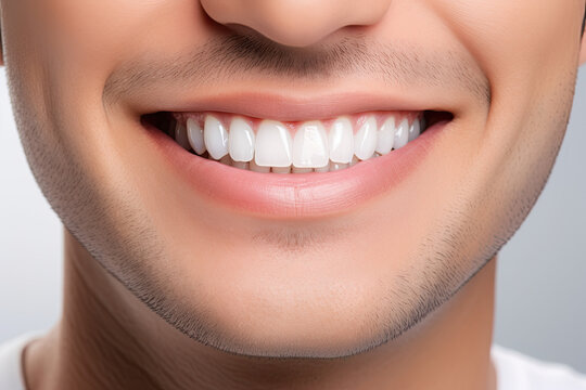 A close up of a male face,  pretty smile with very clean perfect healthy teeth. 