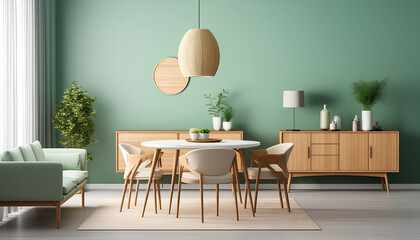 Naklejka premium Green Wall Oasis: Mint Chairs at a Round Wooden Table