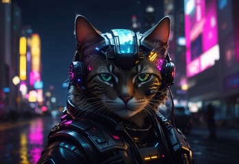 Cyberpunk cat at night time in city