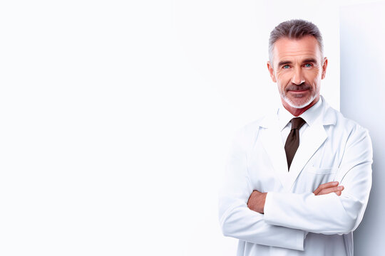 A blank poster with a photo portrait of a doctor.