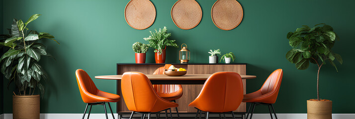 Elegance in Contrast: Orange Leather Chairs and a Green Wall in a Modern Scandinavian Living Room
