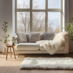 Chic Comfort: Modern Living Room with White Sofa, Wool Blanket, and Fur Pillow