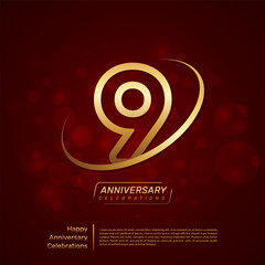 Template design for 9th anniversary with gold ring and double line numbers style, line art vector template