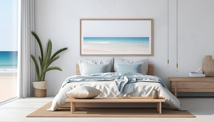 Modern Coastal Retreat: Transforming a Bedroom with Mock-Up Poster Frame