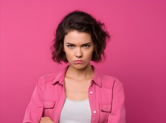 Portrait of a lovely angry young Frenh Caucasian girl wearing casual clothing standing isolated over pastel bright trendy pink background, gender, arms folded, ethnic, banner, jealous, AI Generated