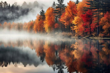 Lake and a forest in a morning mist, autumn scenery with red leaves