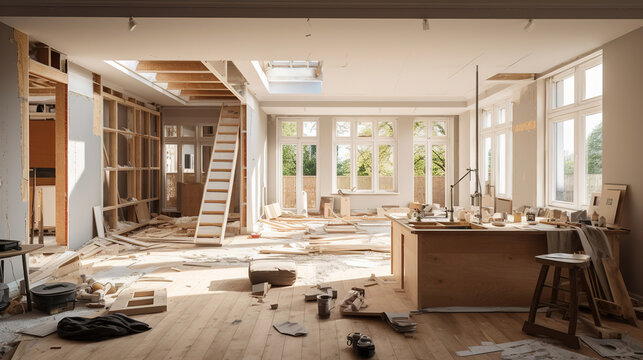 Concept of home refurbishment, showing the transformation and renovation process of a residential space.