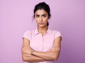 Fototapeta premium Portrait of a lovely angry young Indian Asian girl wearing casual clothing standing isolated over pastel pink, purple, blue, yellow background, arms folded, ethnic, banner, jealous, AI Generated