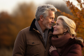 Fototapeta premium portrait of a mature couple taking a walk in a park in autumn