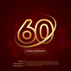 Template design for 60th anniversary with gold ring and double line numbers style, line art vector template