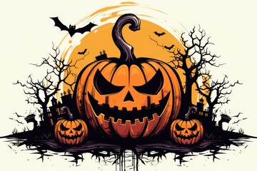 Spooky Halloween forest with scary black trees and pumpkins on the ground