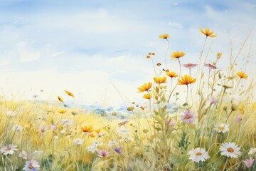 Watercolor of a meadow, with a vibrant colourful wildflowers