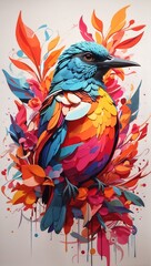 Use a unique and creative watercolor style to depict a hummingbird and flower in a way that is both realistic and imaginative, combining intricate details with bold brushstrokes and vibrant colors.
