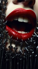 a dark woman's lips with a mouth with a spiked collar around, in the style of metal compositions, photobashing, silver and red, generative AI