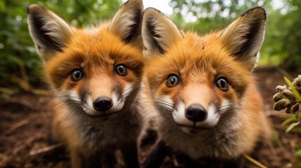 Fototapeta premium Close-up of two red foxes, Vulpes vulpes, in the forest