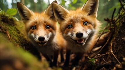 Fototapeta premium Close-up of two red foxes, Vulpes vulpes, in the forest