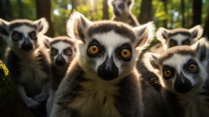 Group of lemurs in the forest. wild life scene