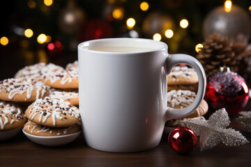 Obraz na płótnie Canvas A white mug and an appetizing pastry on an Christmas background