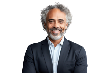 Business man portrait isolated on white transparent background, Afro businessman in suit, crossed arms, PNG