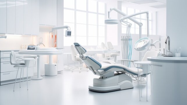 Dentist office white interior with medical equipment