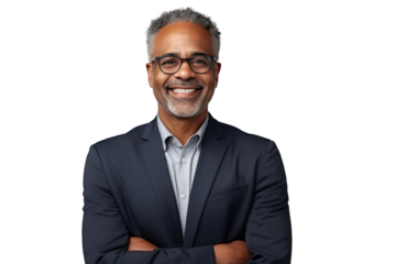 Business man portrait isolated on white transparent background, Afro businessman in suit, crossed arms, PNG