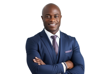 Business man portrait isolated on white transparent background, Afro businessman in suit, crossed arms, PNG