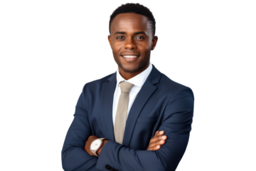 Business man portrait isolated on white transparent background, Afro businessman in suit, crossed arms, PNG