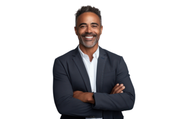 Business man portrait isolated on white transparent background, Afro businessman in suit, crossed arms, PNG