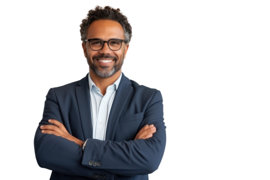 Business man portrait isolated on white transparent background, Afro businessman in suit, crossed arms, PNG