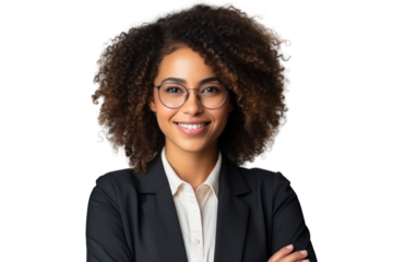 Business woman portrait isolated on white transparent background, Afro businesswoman in suit, crossed arms, PNG