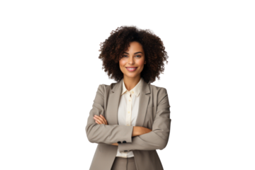 Business woman portrait isolated on white transparent background, Afro businesswoman in suit, crossed arms, PNG