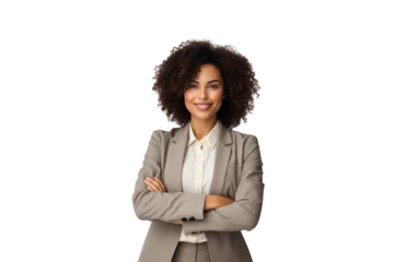 Fotobehang Business woman portrait isolated on white transparent background, Afro businesswoman in suit, crossed arms, PNG © Rawf8