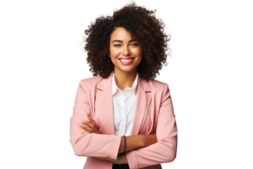 Business woman portrait isolated on white transparent background, Afro businesswoman in suit, crossed arms, PNG